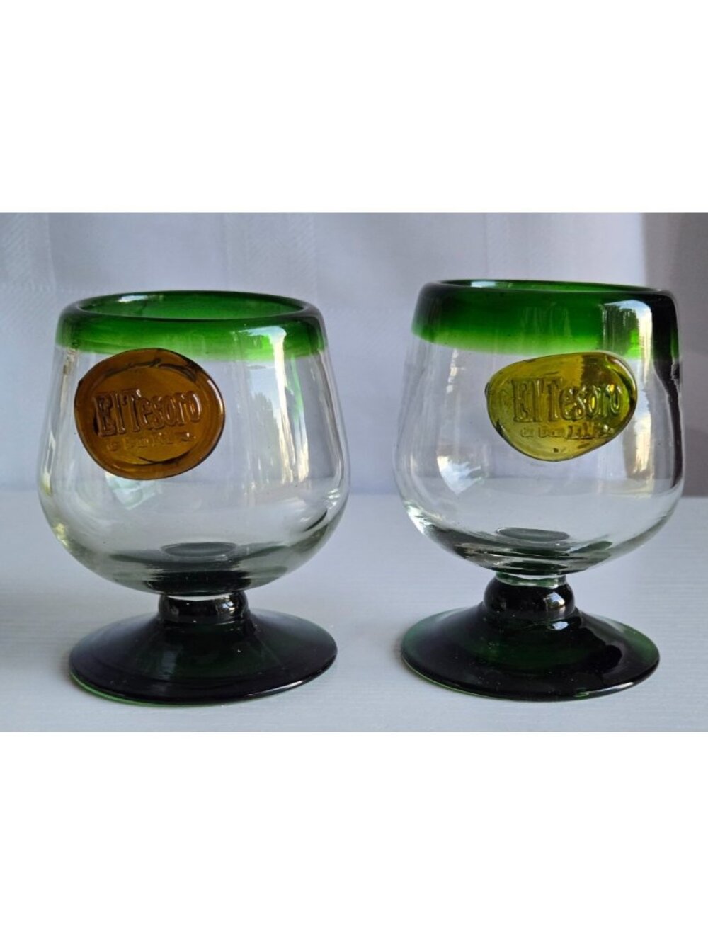 2 VTG El Tesoro Mexican Hand Blown Green Rim & Foot Cognac Glass 8 oz Recycled